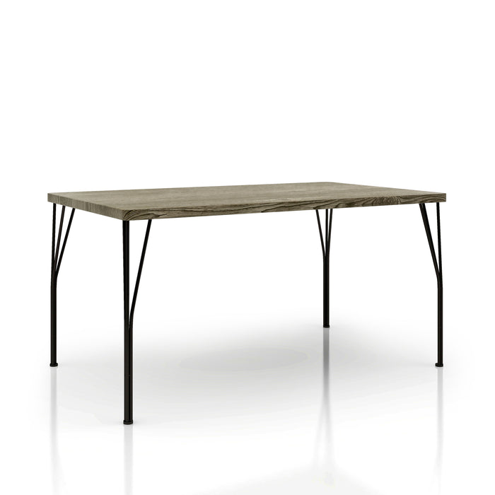 Right-angled casual rectangular wood grain dining table with split metal legs on a white background
