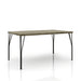 Right-angled casual rectangular wood grain dining table with split metal legs on a white background