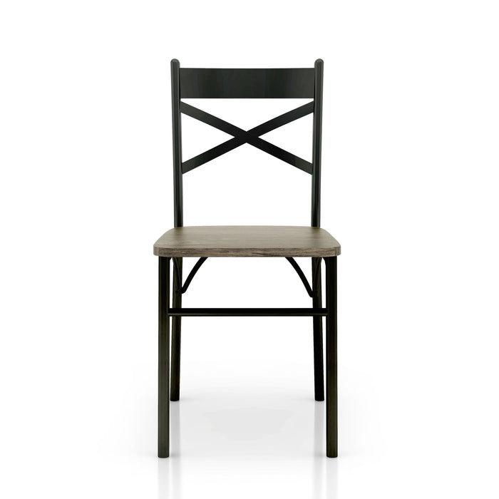 Front-facing casual dining side chair with a brown wood seat and metal X-strap back on a white background