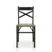 Front-facing casual dining side chair with a brown wood seat and metal X-strap back on a white background