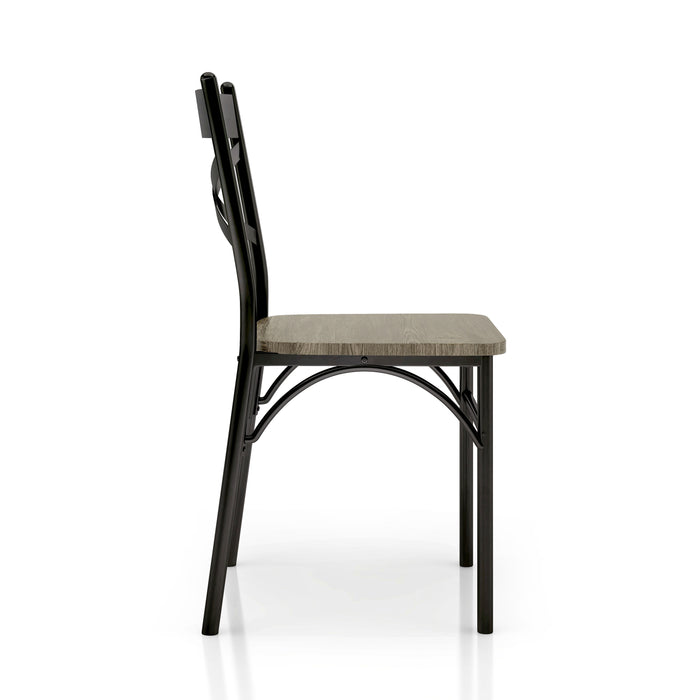 Front-facing side view casual dining side chair with a brown wood seat and metal X-strap back on a white background