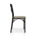Front-facing side view casual dining side chair with a brown wood seat and metal X-strap back on a white background