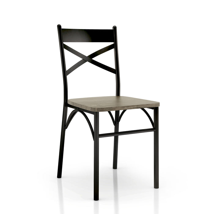 Right-angled casual dining side chair with a brown wood seat and metal X-strap back on a white background