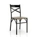Right-angled casual dining side chair with a brown wood seat and metal X-strap back on a white background