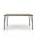 Front-facing rectangular dining table with split metal legs and brown wood grain tabletop on a white background
