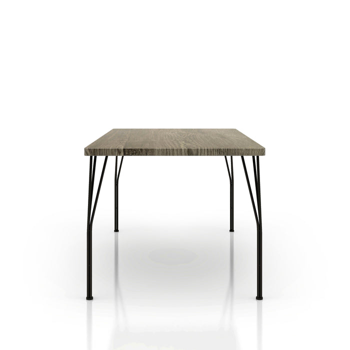 Front-facing side view rectangular dining table with split metal legs and brown wood grain tabletop on a white background
