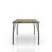 Front-facing side view rectangular dining table with split metal legs and brown wood grain tabletop on a white background
