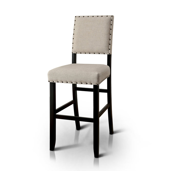 Left-angled beige linen-like fabric and antique black counter-height chair against a white background. The square back and seat are accented with nailhead trim.