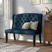 Left-angled ambrosia transitional blue nailhead trim fabric loveseat dining bench in a living room with accessories