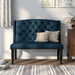 Front-facing ambrosia transitional blue nailhead trim fabric loveseat dining bench in a living room with accessories