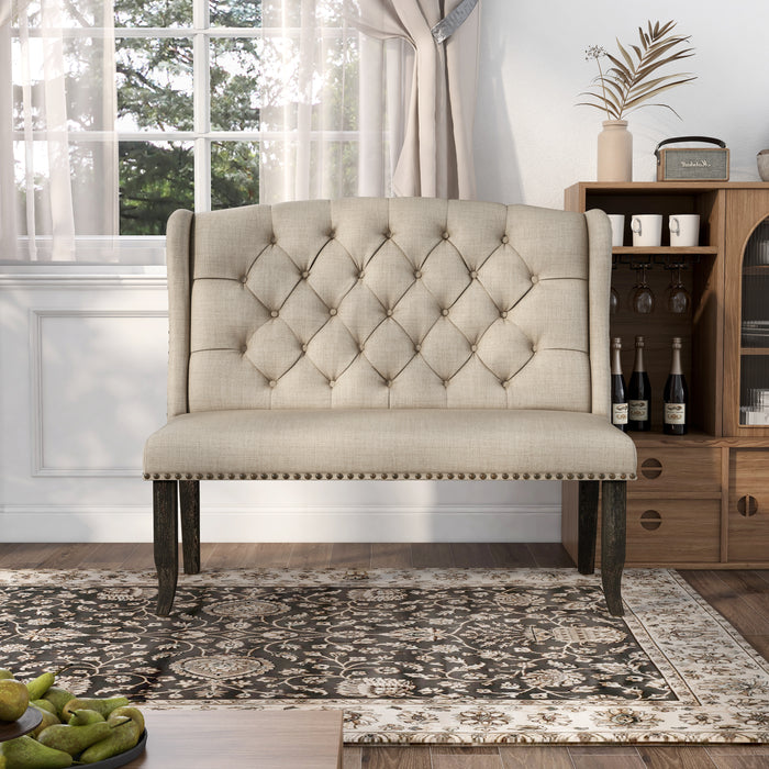 Front-facing ambrosia transitional beige nailhead trim fabric loveseat dining bench in a living room with accessories