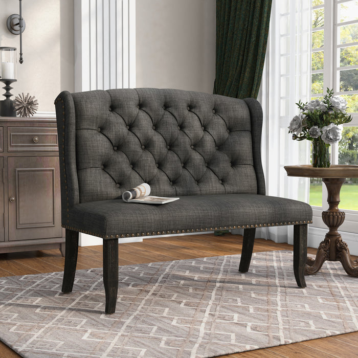 Right-angled ambrosia transitional gray nailhead trim fabric loveseat dining bench in a living room with accessories