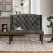 Front-facing ambrosia transitional gray nailhead trim fabric loveseat dining bench in a living room with accessories