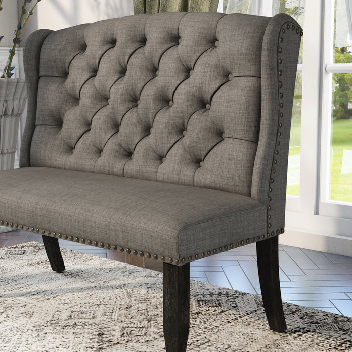 Left-angled top view of ambrosia transitional light gray  nailhead trim fabric loveseat dining bench in a living room with accessories