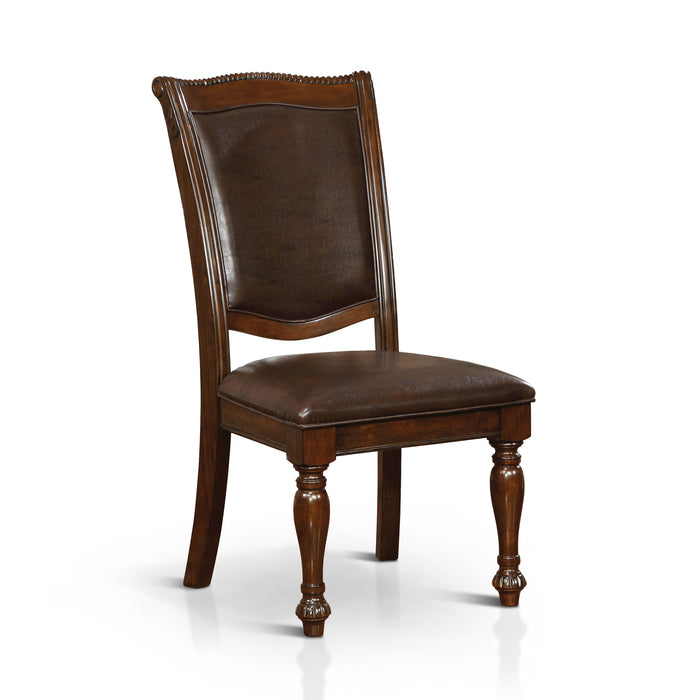 Right-angled dolly formal brown cherry finish side chair on a white background