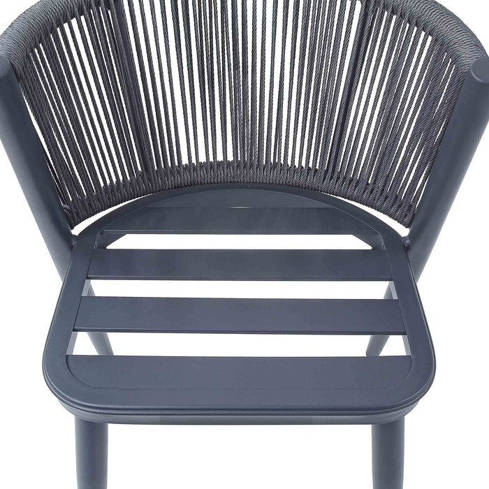 Front-facing top-down transitional gray patio dining chair displaying faux wicker rope backing and plank seat support on a white background.