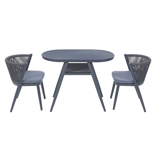 Front-facing transitional oval gray patio dining table and two woven faux wicker patio dining chairs on white background. Padded seats and flared legs with an open middle shelf on table.