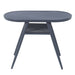 Front-facing transitional oval gray patio dining table on white background. Open faux wicker rope shelf and flared legs.