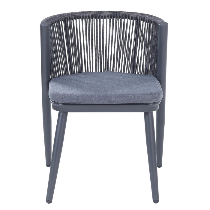 Front-facing transitional gray patio dining chair displaying faux wicker rope backs and padded seat cushion on a white background.