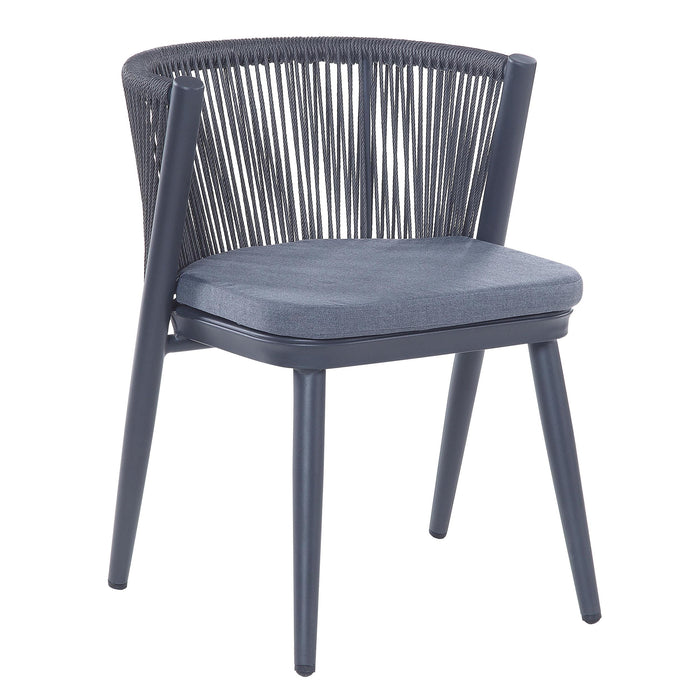 Right-facing transitional gray patio dining chair displaying faux wicker rope backs and padded seat cushion on a white background.