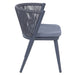 Side-facing transitional gray patio dining chair displaying faux wicker rope back, padded seat cushion, and flared back legs on a white background.