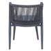 Back-facing transitional gray patio dining chair displaying faux wicker rope back and tapered legs on a white background.
