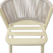 Front-facing top-down transitional aluminum patio dining chair in natural tone finish displaying faux wicker rope backing and plank seat support on a white background.