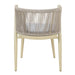 Back-facing transitional aluminum patio dining chair in natural tone finish displaying faux wicker rope back and tapered legs on a white background.