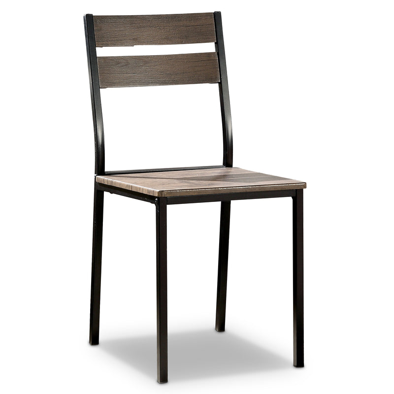 Right angled antique brown and black wood side chair with a ladder back on a white background