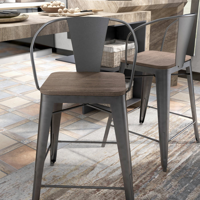 Devoe Urban Grey Metal and Wood Counter Height Dining Chairs, Set of 2