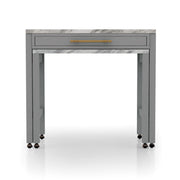 Front-facing view of contemporary light gray nesting counter height table with casters and drawer on a white background