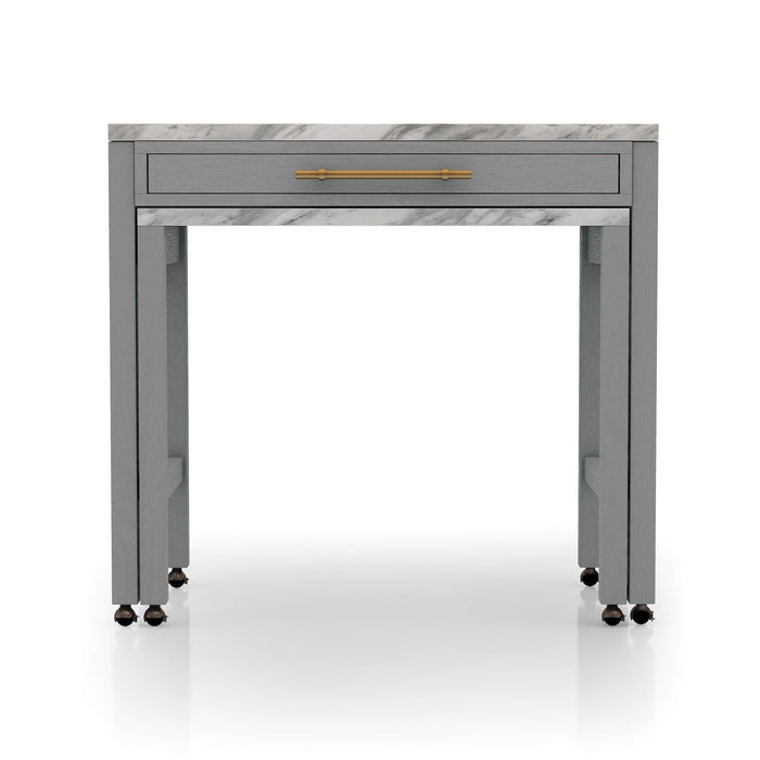 Front-facing view of contemporary light gray nesting counter height table with casters and drawer on a white background