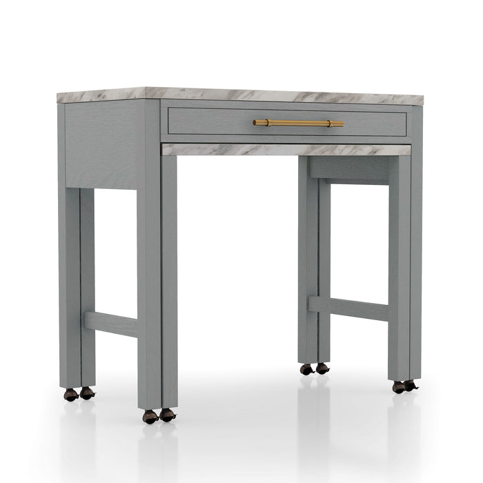 Right angled view of contemporary light gray nesting counter height table with casters and drawer on a white background