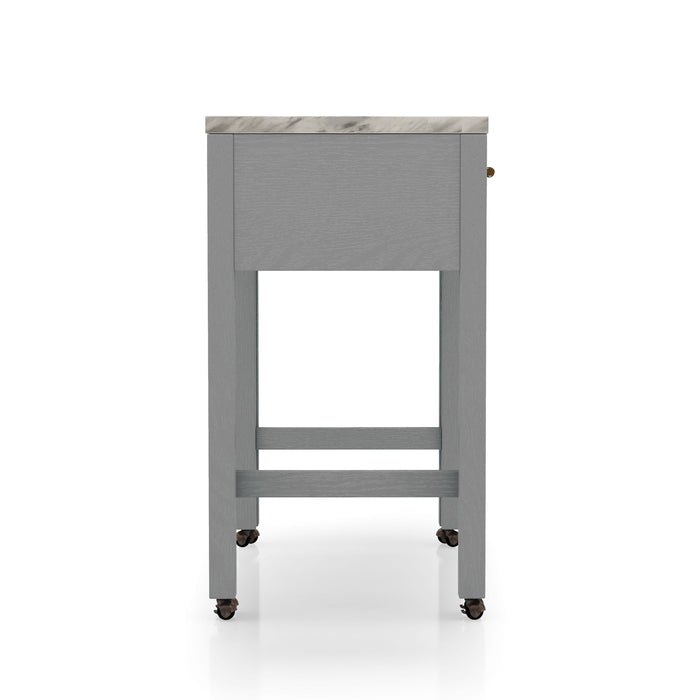 Front-facing side view of contemporary light gray nesting counter height table with casters and drawer on a white background