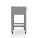 Front-facing side view of contemporary light gray nesting counter height table with casters and drawer on a white background
