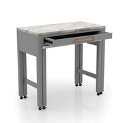 Right angled close-up detail view of open drawer on contemporary light gray nesting counter height table with casters on a white background