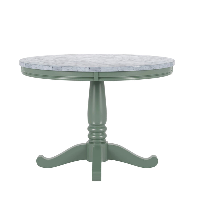 Front-facing contemporary olive green pedestal dining table with a white faux marble top on a white background