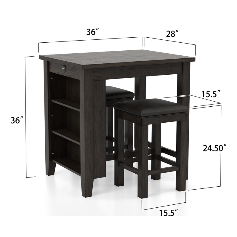 Jaxson Compact 3-Piece Island Set with Leatherette Stools & USB Ports