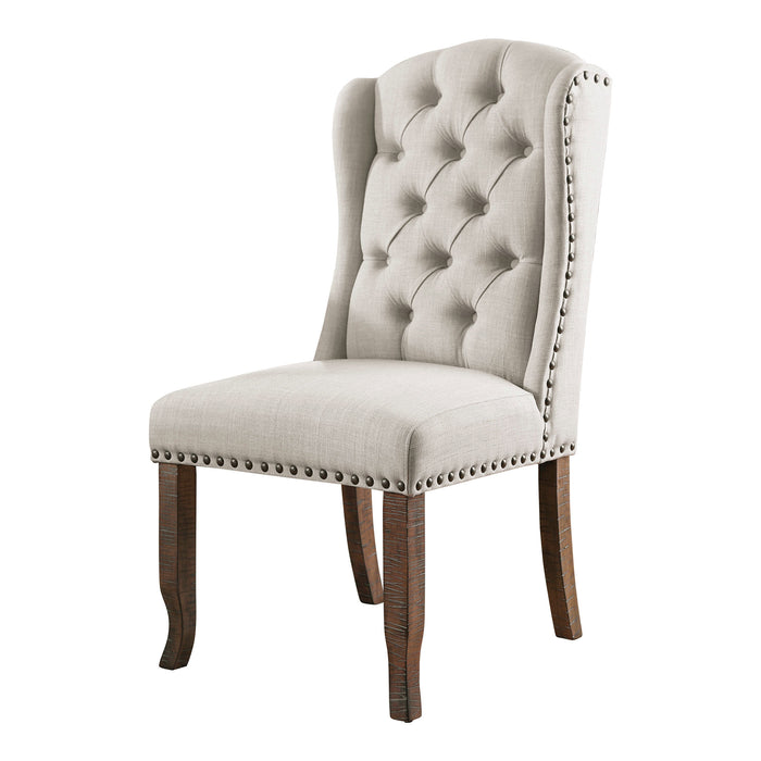 Left angled rustic pine and ivory button tufted wingback dining chair on a white background