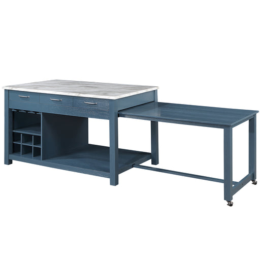 Left angled view of farmhouse blue counter height table with white marble-like tabletop and extended table on a white background 