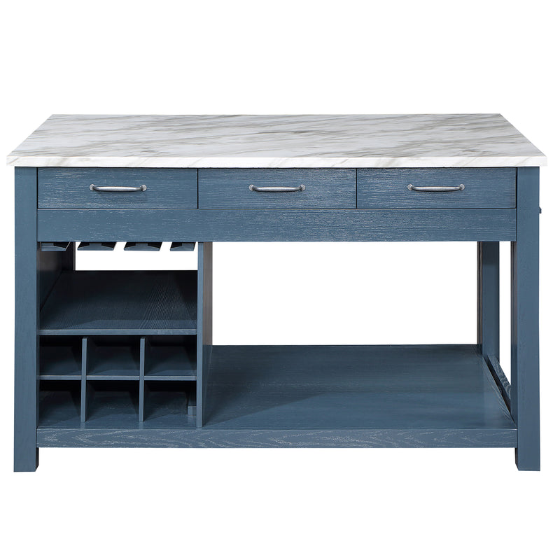 Front-facing view of farmhouse blue counter height table with white marble-like tabletop and open storage on a white background