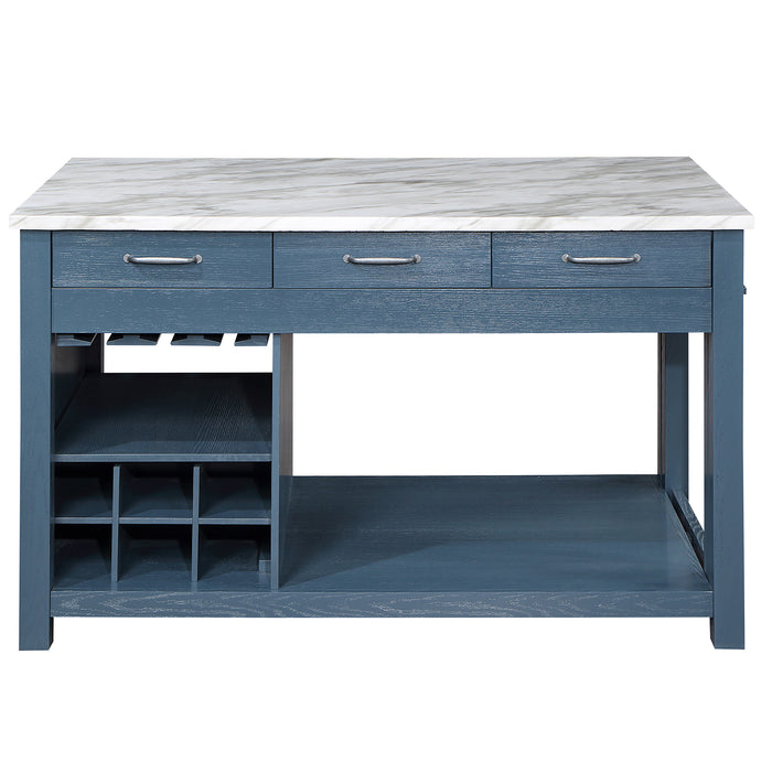 Front-facing view of farmhouse blue counter height table with white marble-like tabletop and open storage on a white background 