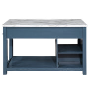 Back-facing view of farmhouse blue counter height table with white marble-like tabletop and open storage on a white background