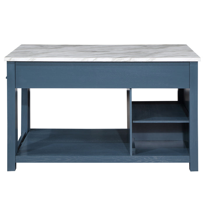 Back-facing view of farmhouse blue counter height table with white marble-like tabletop and open storage on a white background 