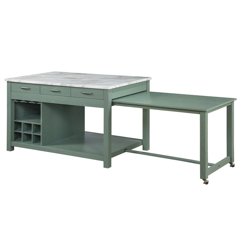Left angled view of farmhouse green counter height table with white marble-like tabletop and extended table on a white background