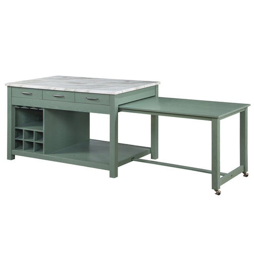 Left angled view of farmhouse green counter height table with white marble-like tabletop and extended table on a white background 