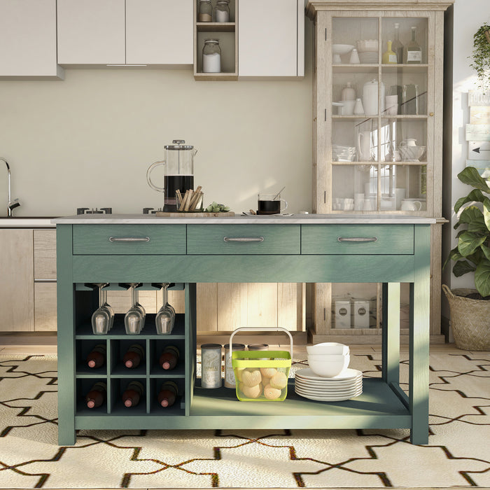 Front-facing view of farmhouse green counter height table with white marble-like tabletop and hidden table extension with accessories used as kitchen island