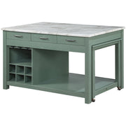Left angled view of farmhouse green counter height table with white marble-like tabletop and open storage on a white background