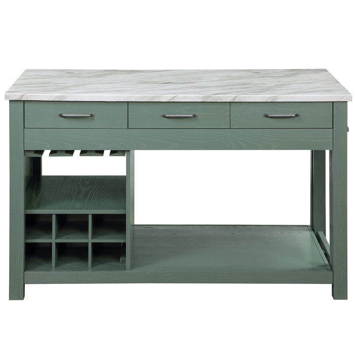 Front-facing view of farmhouse green counter height table with white marble-like tabletop and hidden table extension a white background