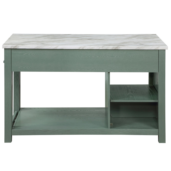Back-facing view of farmhouse green counter height table with white marble-like tabletop and hidden table extension a white background
